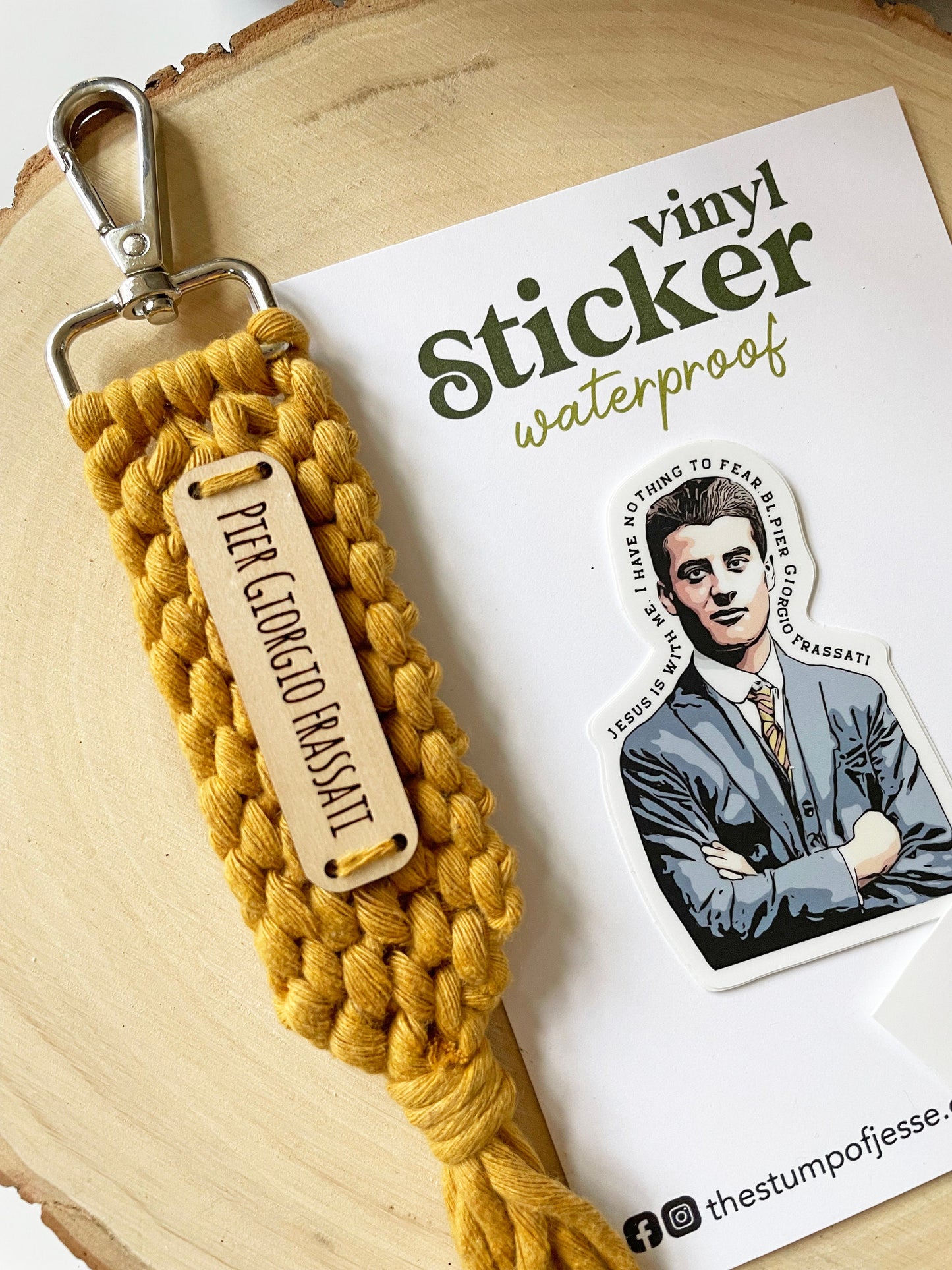 Bl. Pier Giorgio Frassati Mustard Macrame Keychain and Sticker