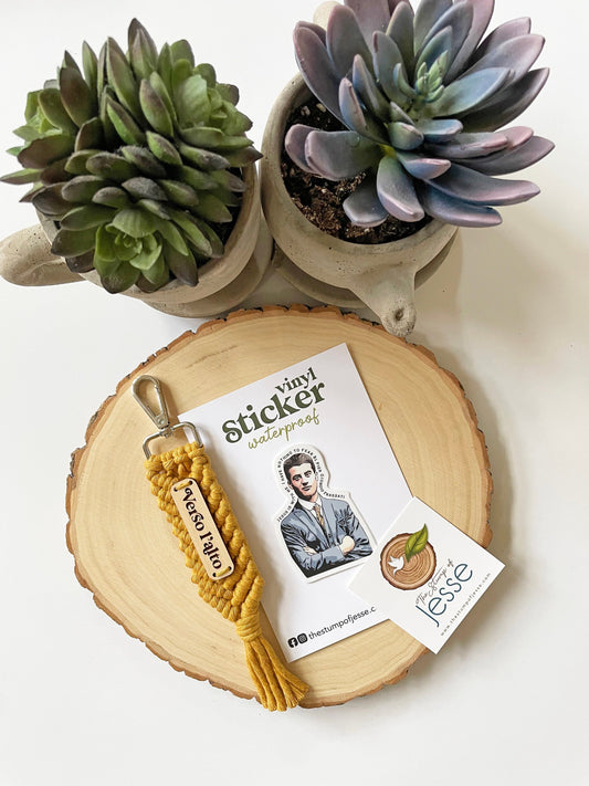 Bl. Pier Giorgio Frassati Mustard Macrame Keychain and Sticker